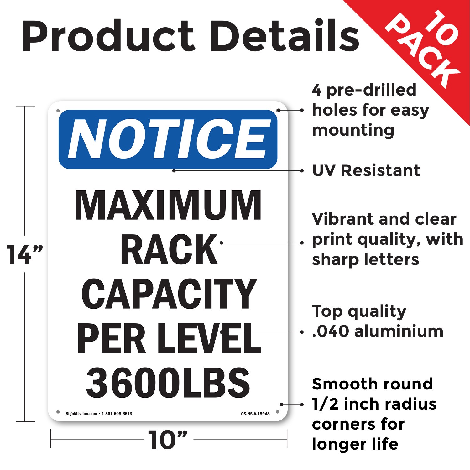Maximum Rack Capacity Per OSHA Notice Sign Metal Plastic Or Decal – 5 or 10 Pack