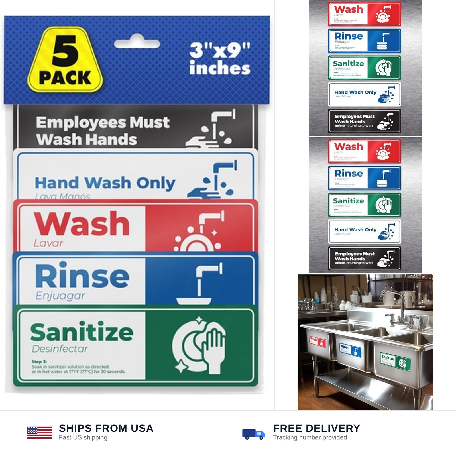 5 Pack Wash Rinse Sanitize Sink Labels – 3″x9″, Waterproof Sticker Signs, 3 C…
