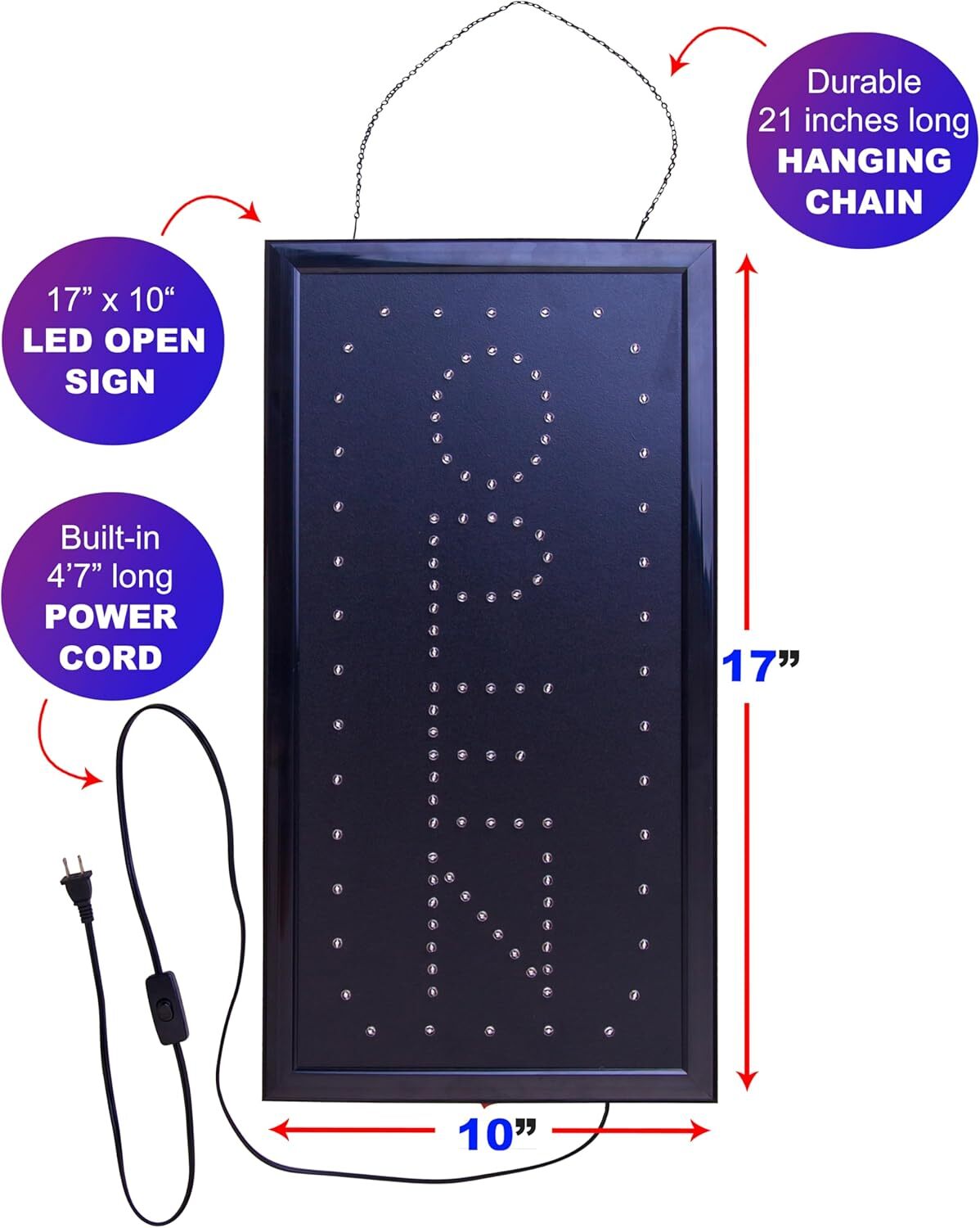LED OPEN SIGN with 2 Flashing Modes Easy Install Indoor Use 1 Year Warranty