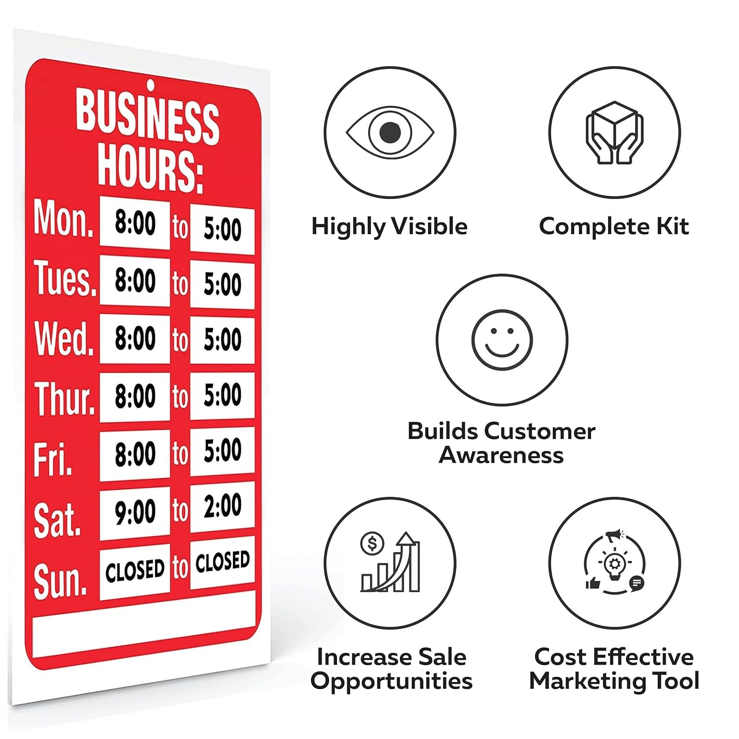 Durable Plastic Business Hours Sign – Red & White, 11.7″ x 7.7″ for Glass Doors