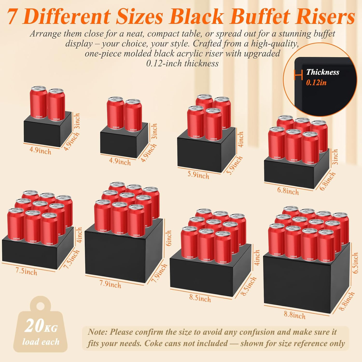 8Pcs Black Acrylic Buffet Risers with Mini Sign and Marker, Food Display Risers