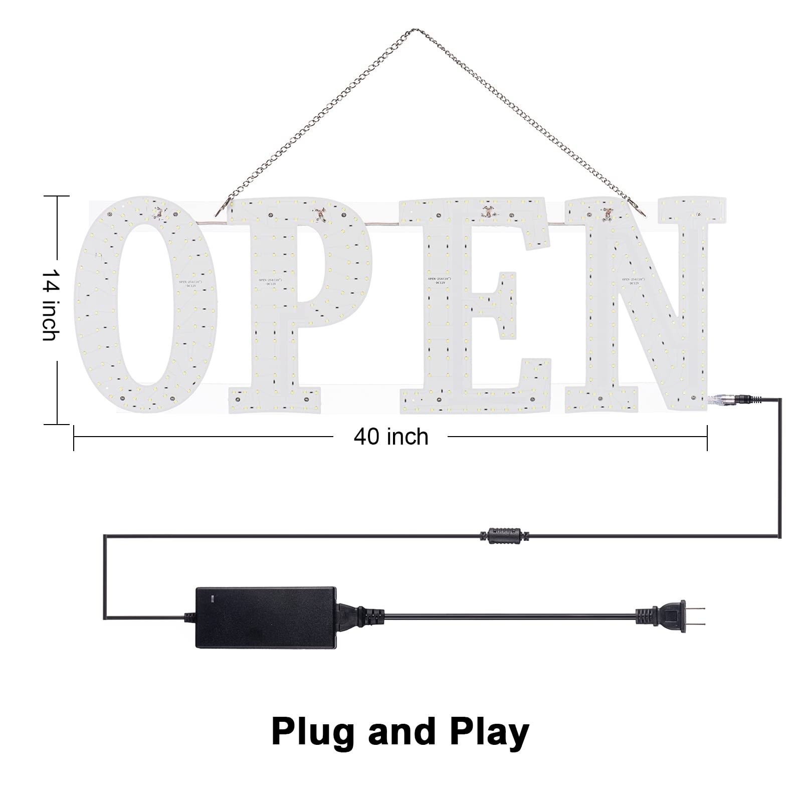 40″x14″ Extra Large LED Open Signs for Business 40*14 inch (All white), White