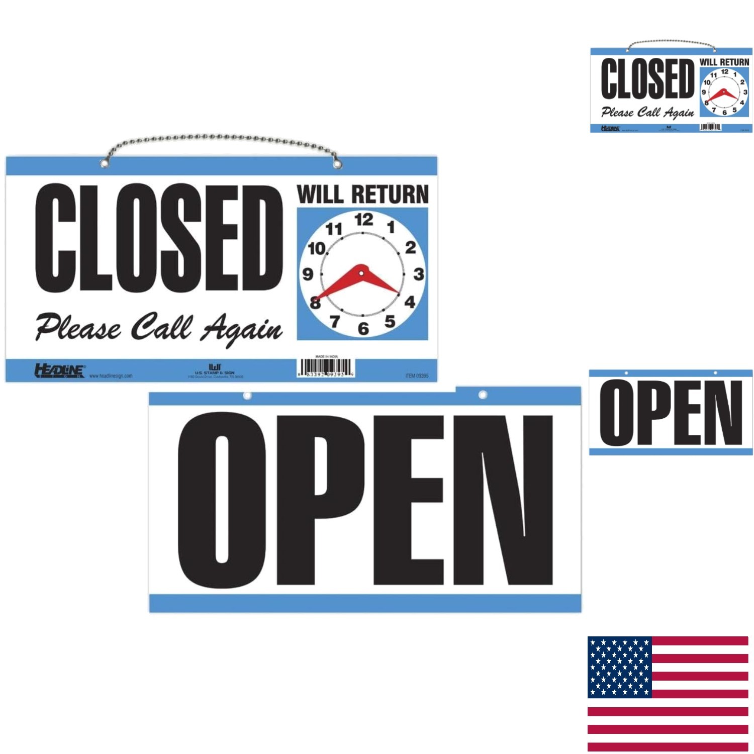 Durable Plastic Double-Sided Open/Closed Sign with Clock Hands, Blue 6″x11.5″