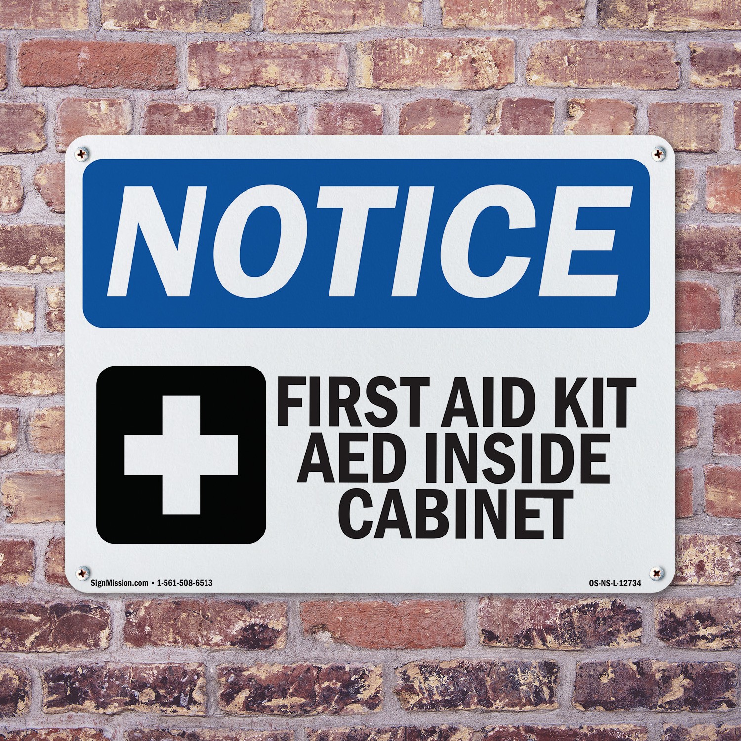 First Aid Kit AED Inside Cabinet OSHA Notice Sign Metal, Decal – 5 or 10 Pack