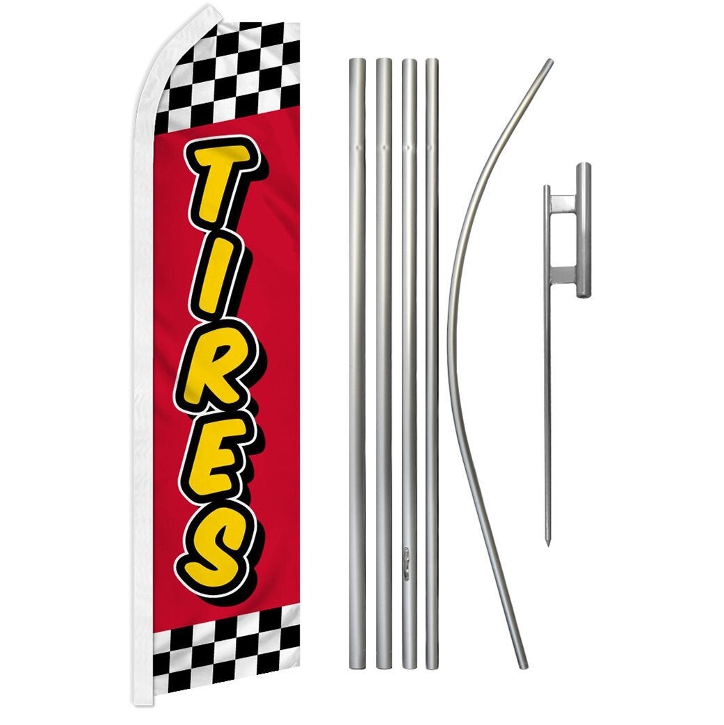 Tires (Red Checkered) Swooper Flutter Feather Advertising Auto Flag & Pole Kit