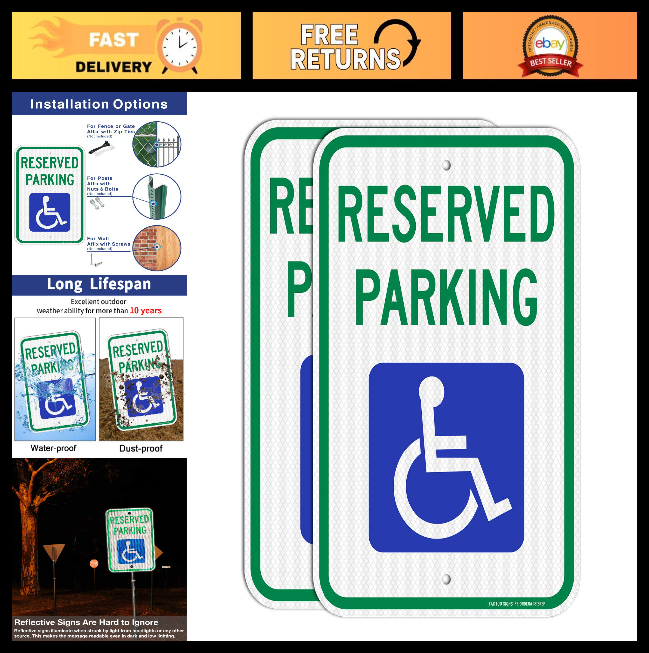 2 Pack Handicap Parking Sign – Reflective, Rust-Free Aluminum, Weather Resistant