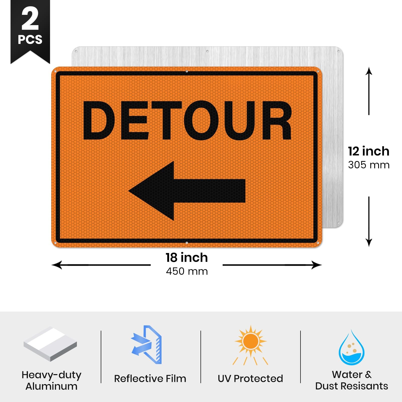 2 Pack Detour Sign Left Arrow 12×18 Inch Reflective Aluminum Road Safety