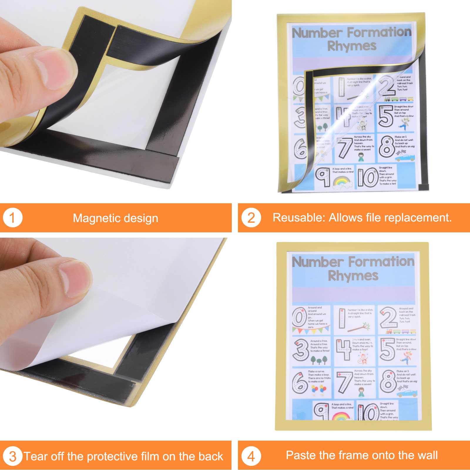 8pcs Self Adhesive Magnetic Wall Sign Holder, 8.5″x11″ Frame Display,Gold