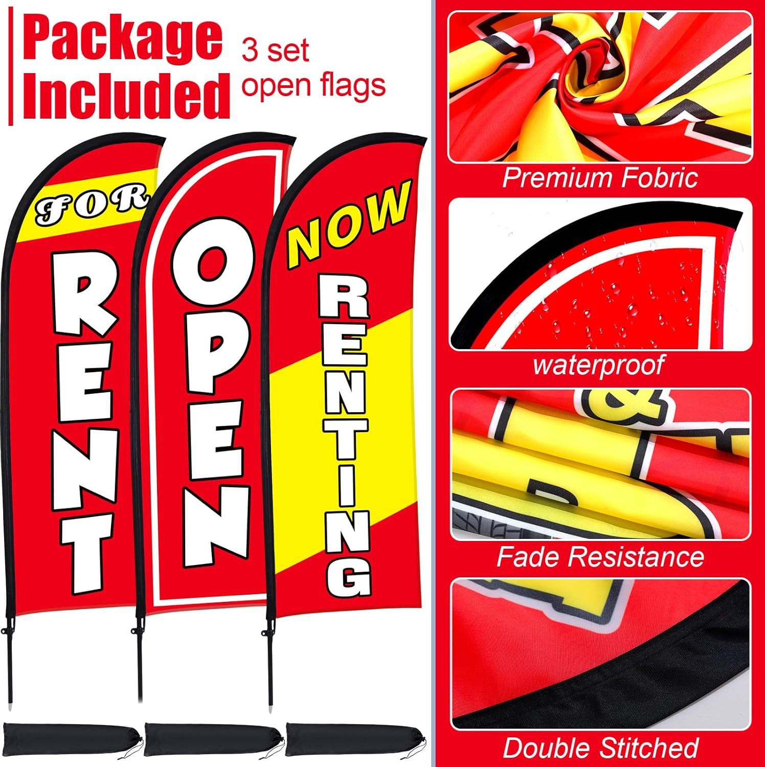 7 Ft Feather Flag Kit – “Now Renting Open” with Pole & Ground Stake (Red)