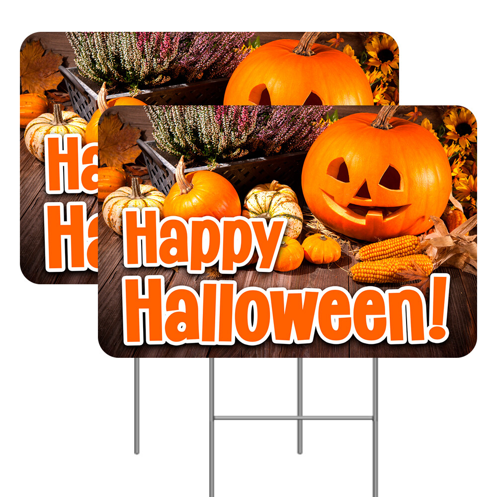 Happy Halloween 2 Pack Double-Sided Yard Signs 16″ x 24″ with Metal Stakes (Made