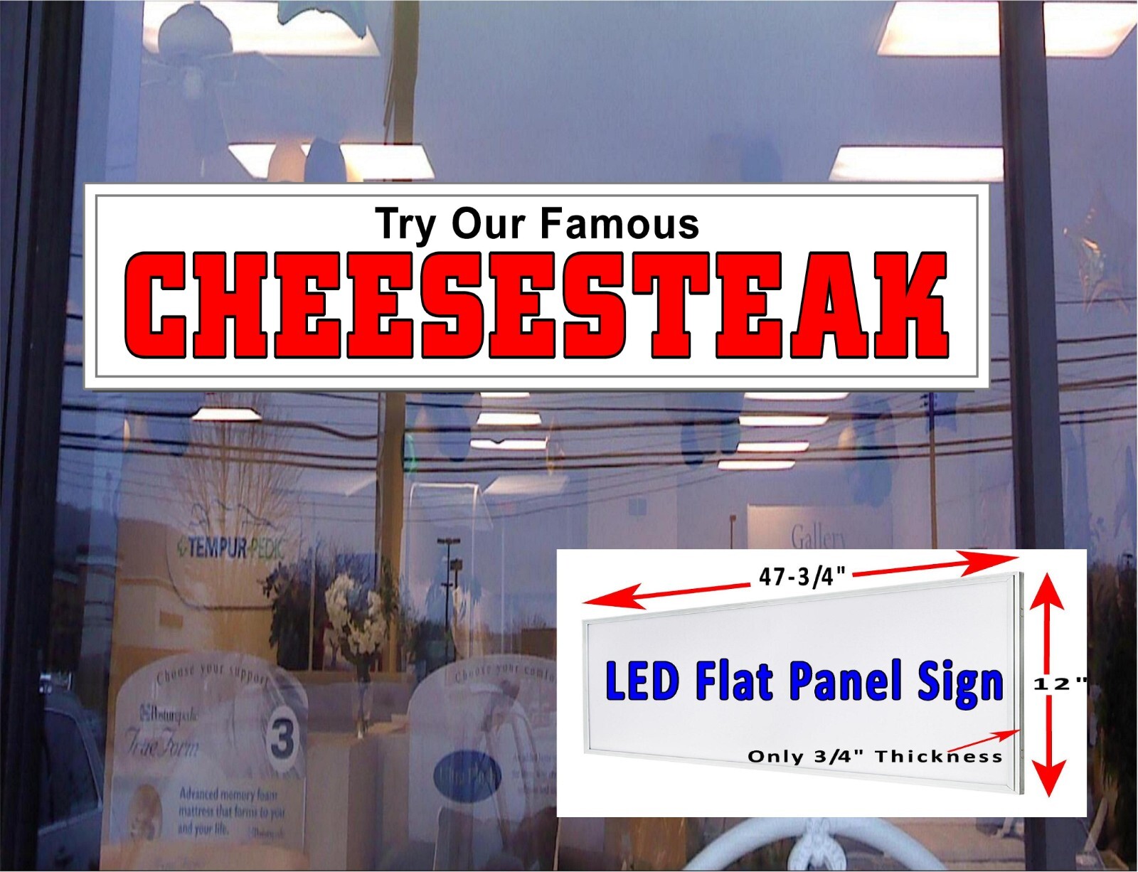 Try our Famous CHEESESTEAK LED light box window sign 48″x 12″