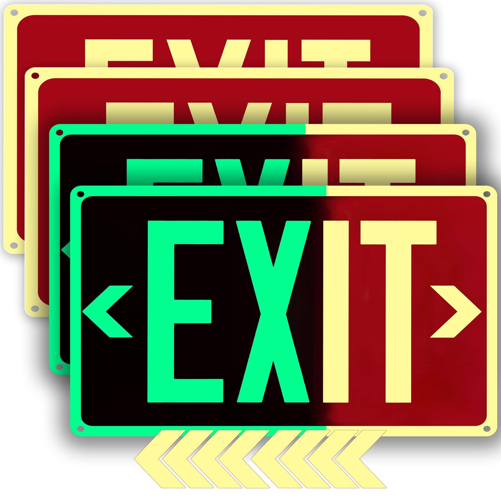 4Pack Photoluminescent Exit Sign Red, 14″x 10″ Aluminum Glow In The Dark Exit…