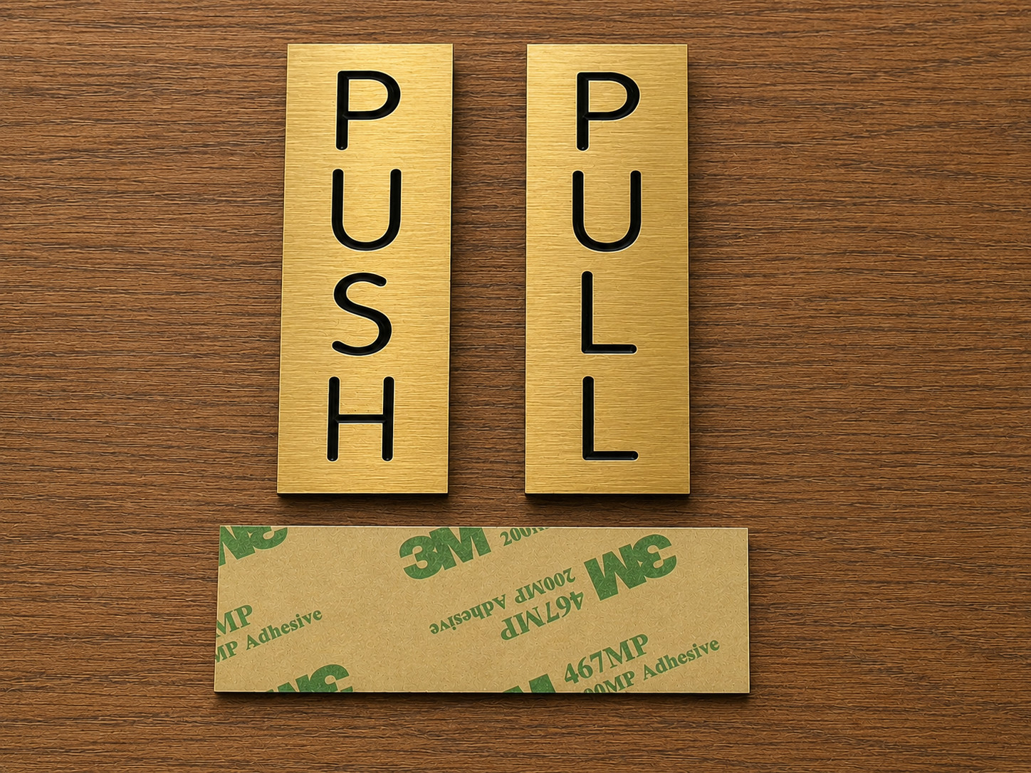 pair – Engraved PUSH and PULL Brushed Gold Tone 3×1 Vertical Door Signs Plaques
