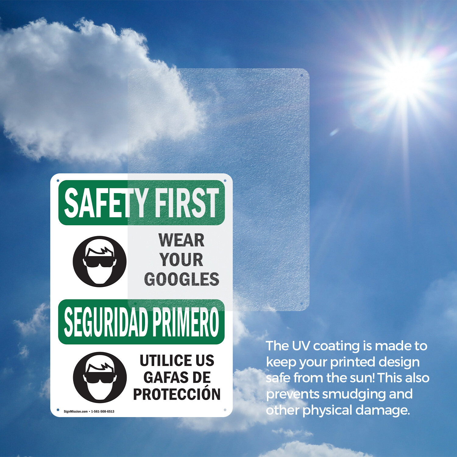 (2 Pack) Wear Your Goggles Bilingual OSHA Safety First Sign Decal Metal Plastic