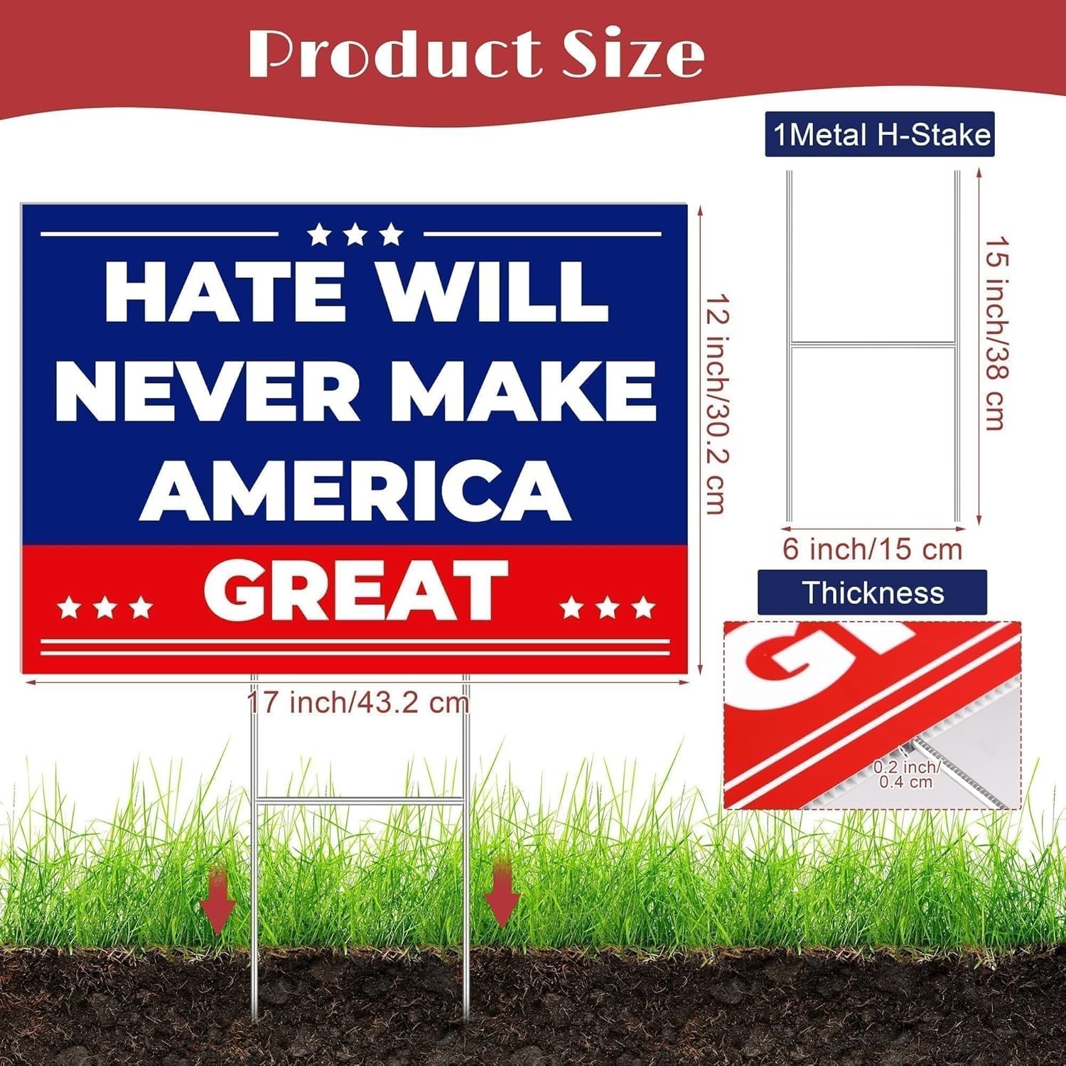 Anti Trump MAGA Yard Sign 17 x 12 inch Hate Will Never Make America Great Sign