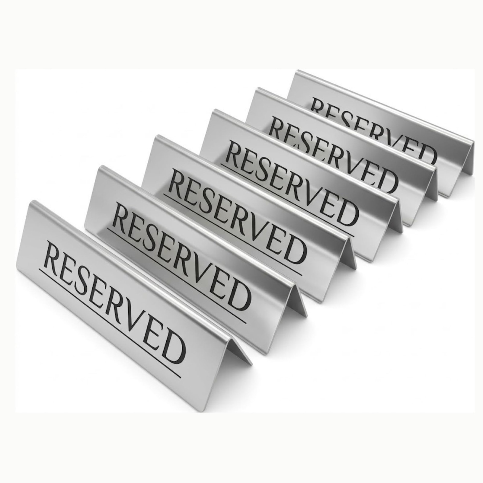 6 PCS Reserved Table Signs Raised Black Letters Brushed Matte Steel DoubleSided