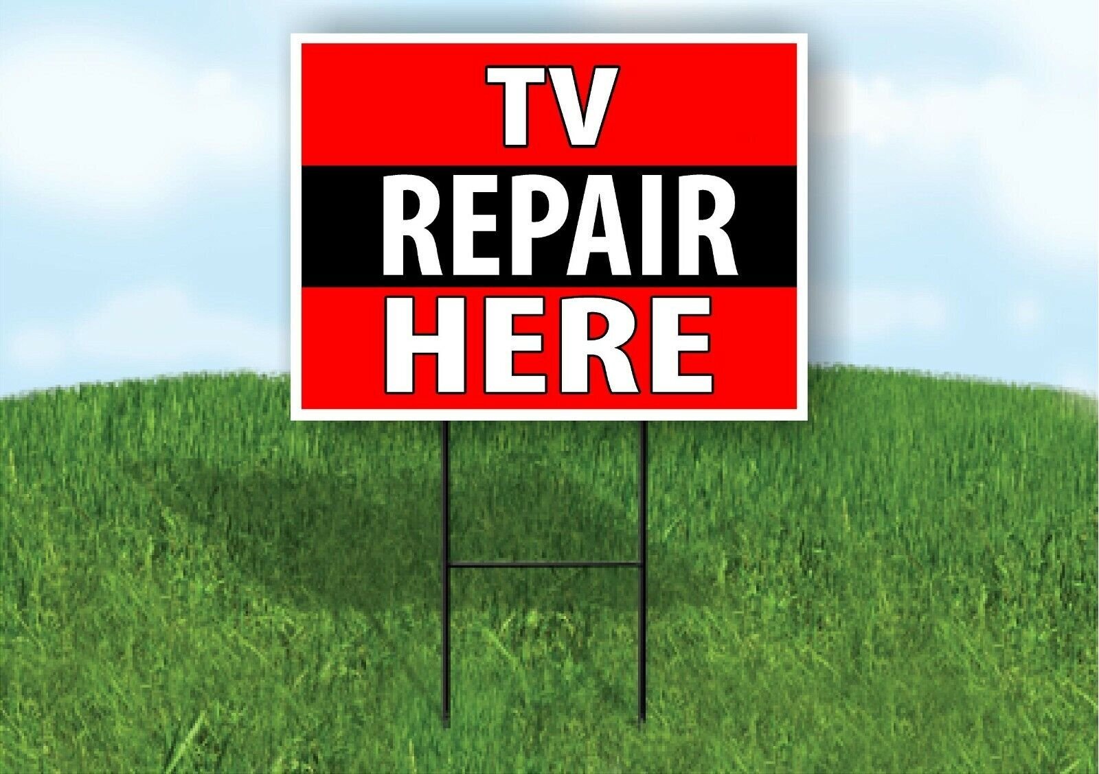 TV REPAIR HERE BLACK STRIPE Plastic Yard Sign ROAD SIGN with Stand