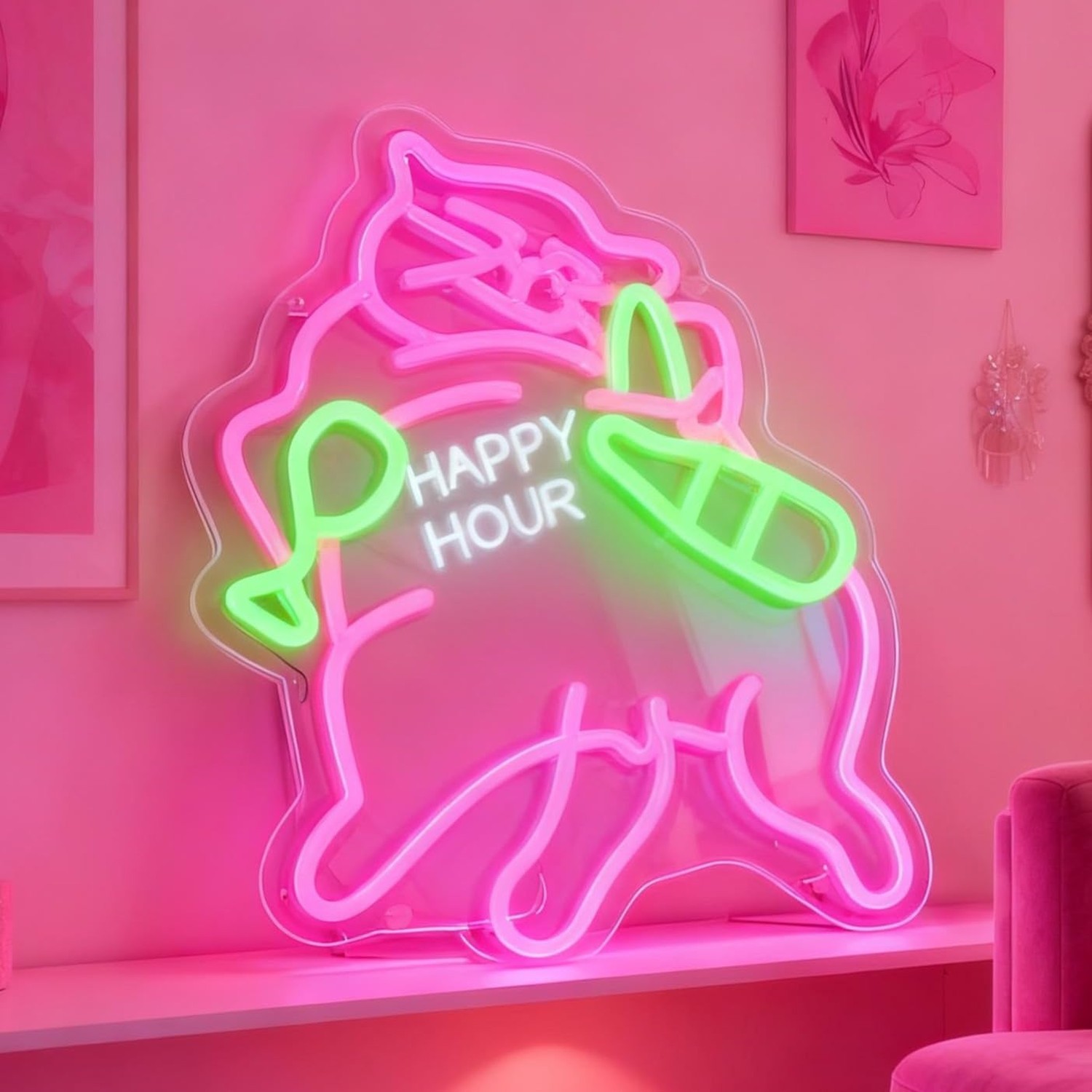 Happy Hour Pink Cat Neon Sign for Wall Decor Light Up Letters Business Led Si…