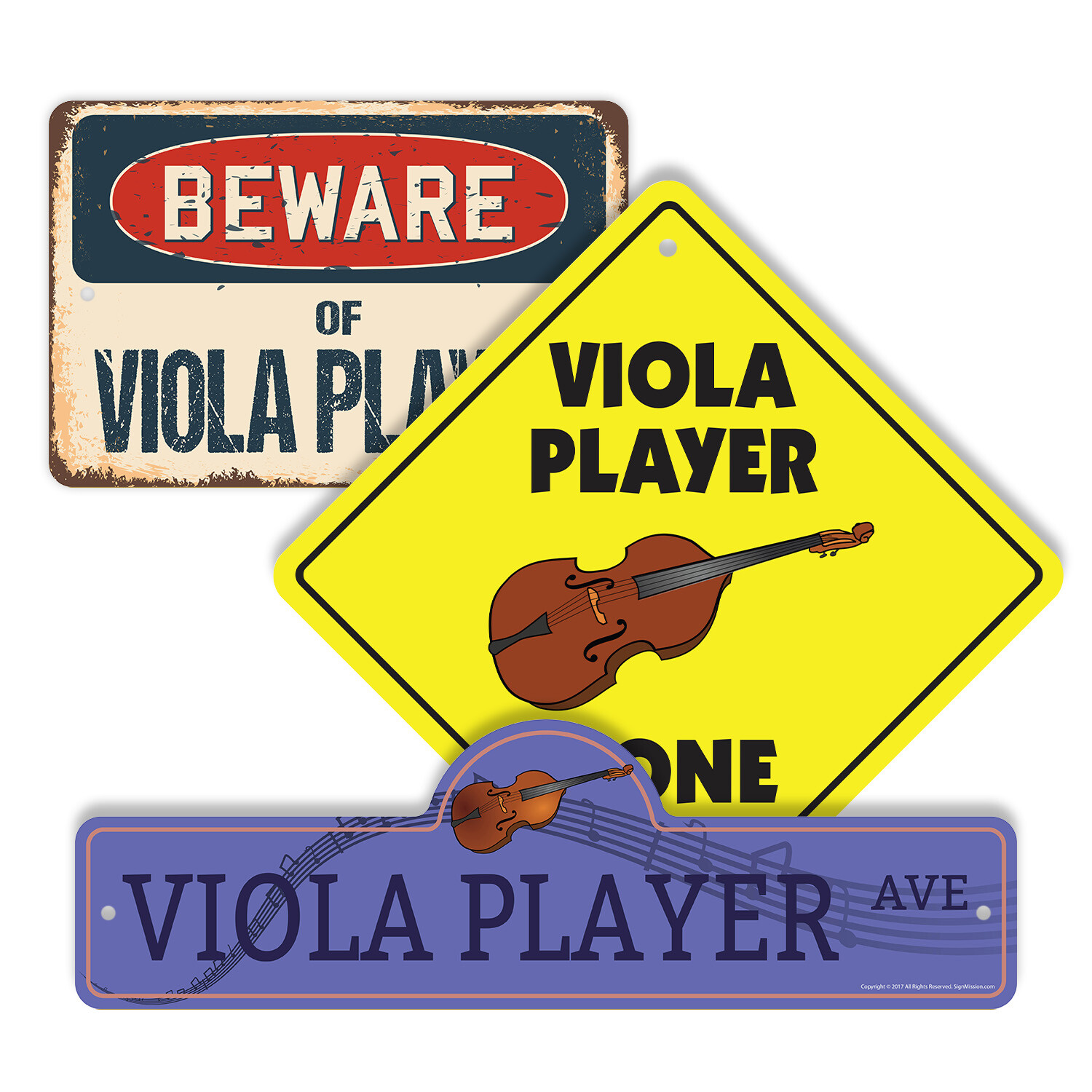 Viola Player (3 Pack) Plastic Street Sign Crossing Warning Vintage Rustic Beware