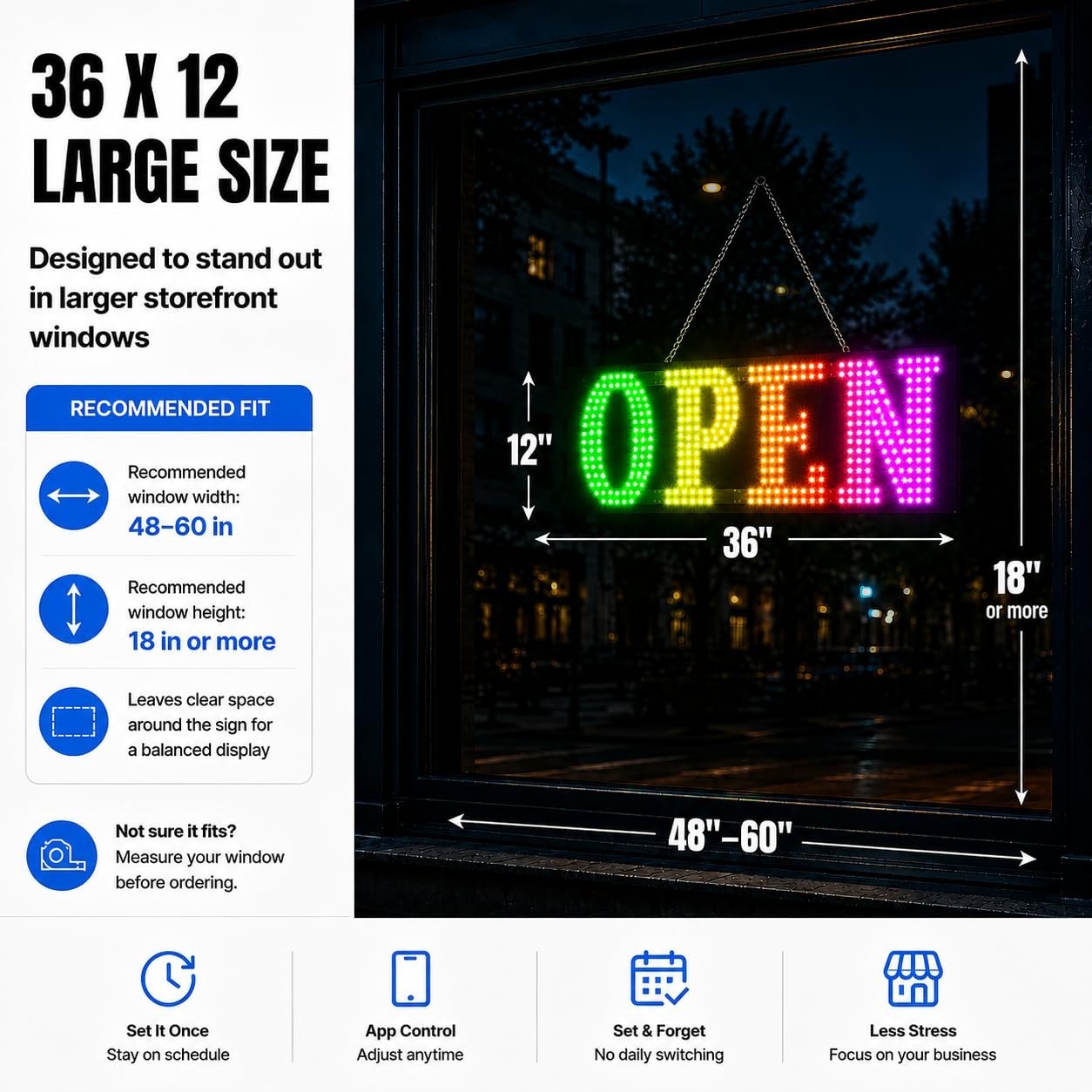 36″x12″ LED Open Sign – Smart App Control, Timer, Custom Colors & Brightness – H