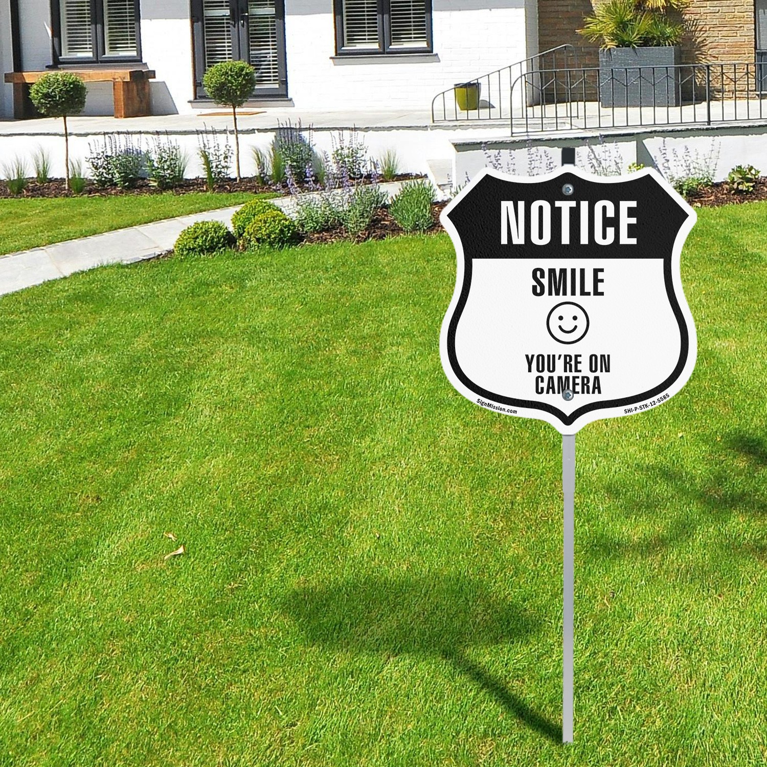 Notice Smile You’re on Camera Shield Shaped Sign With Stake Weather Resistant
